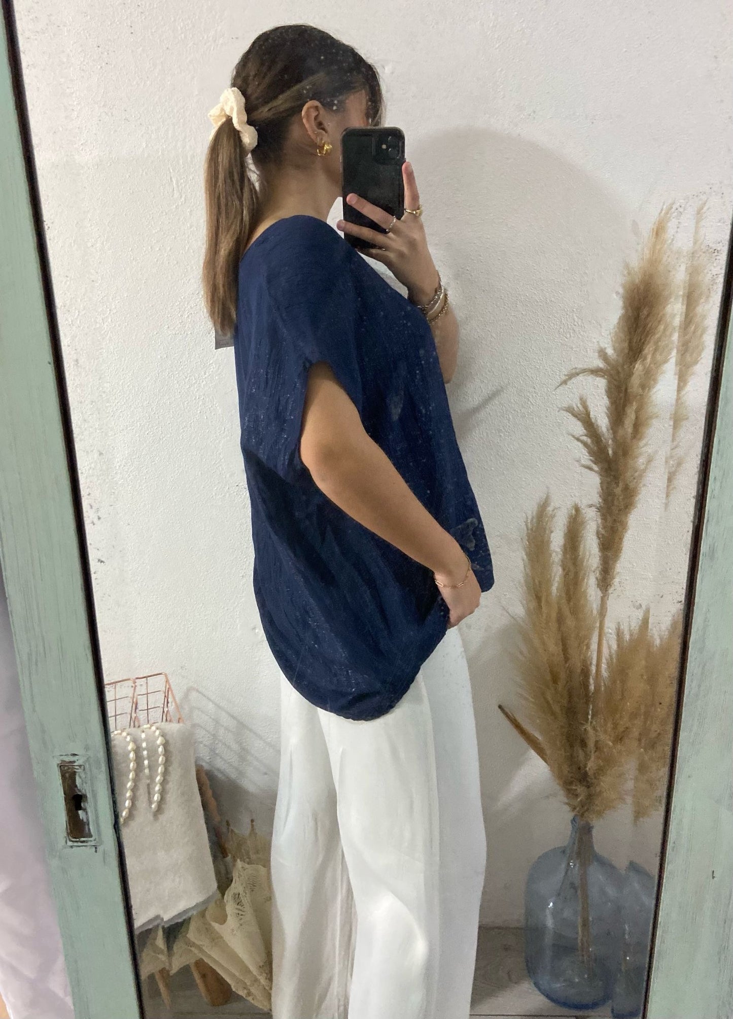Túnica azul tecido enrugado lurex
