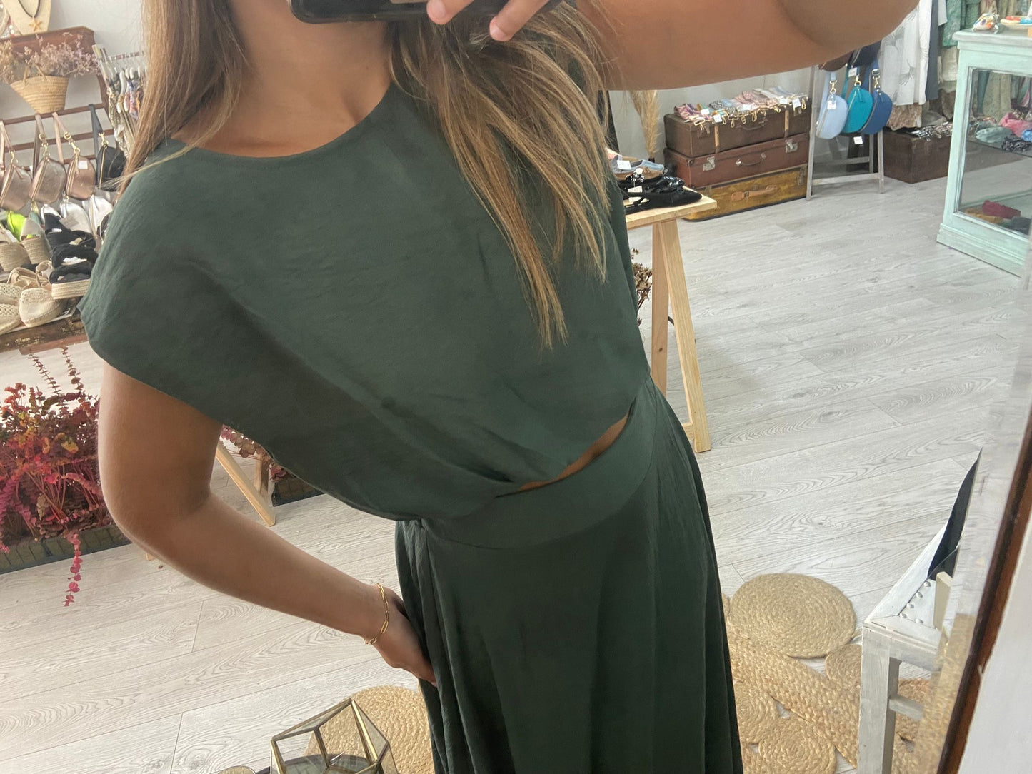 Conjunto túnica e saia caqui