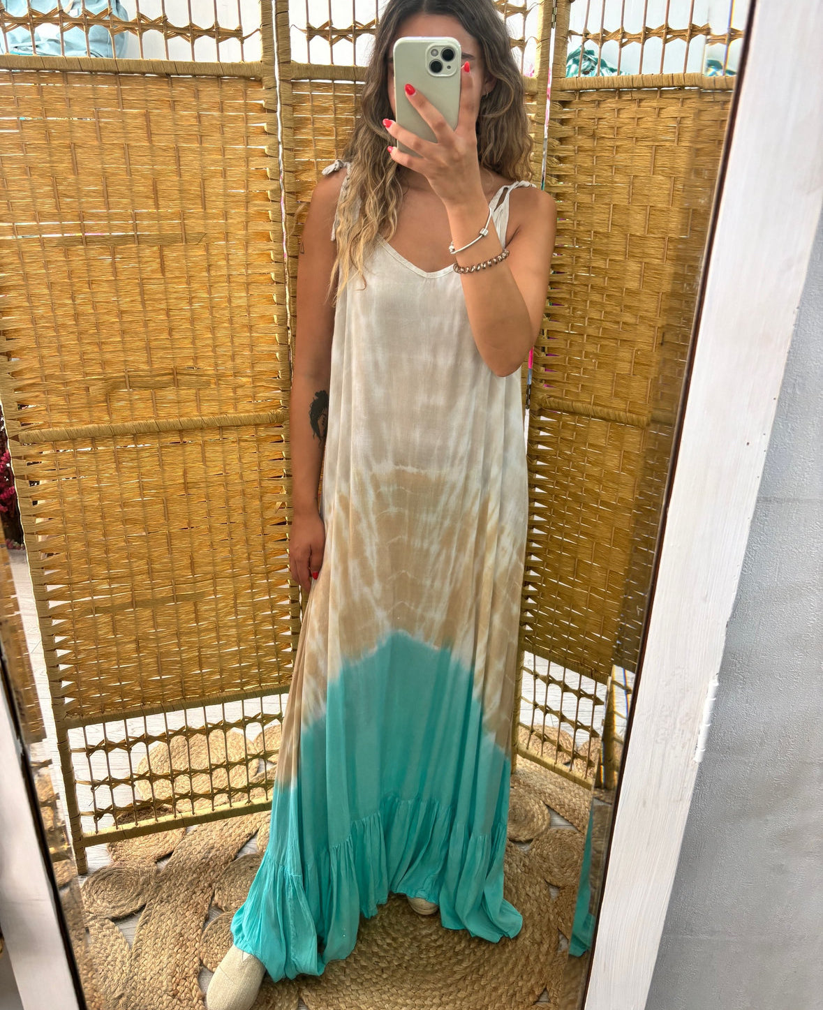 Vestido tie dye bege/camel/ turquesa alça ajustável