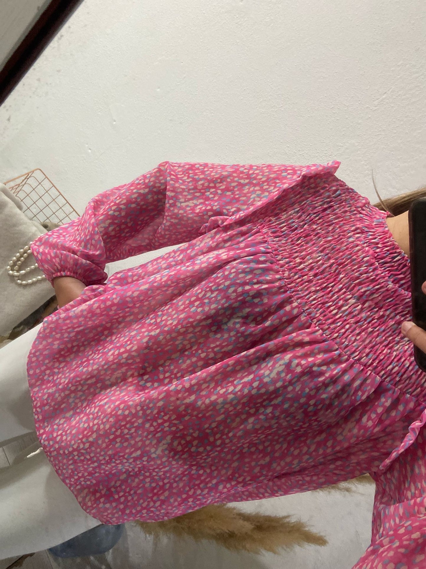 Túnica verde e rosa com favinhos no decote