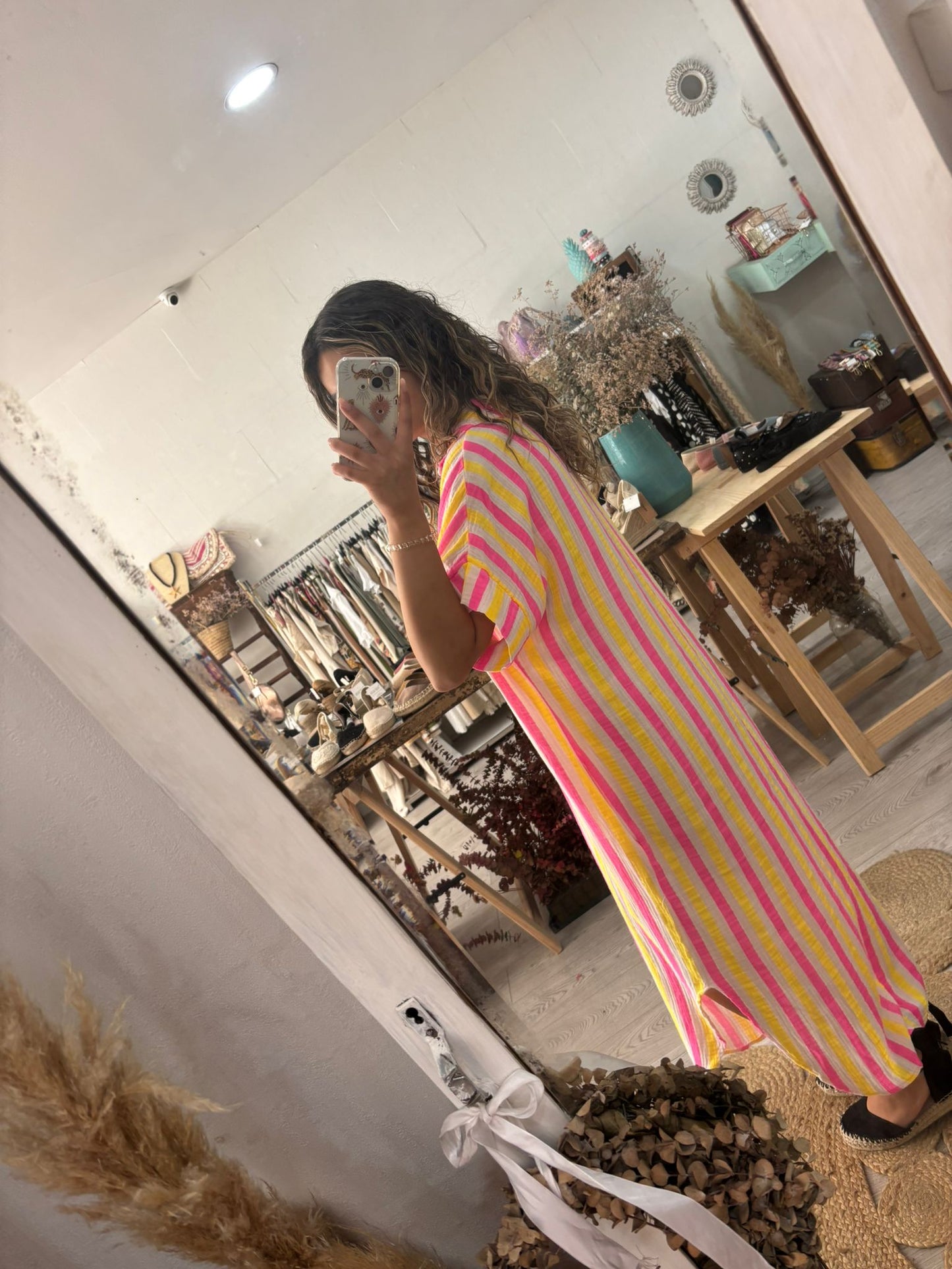 Vestido/Kaftan riscas verde/rosa