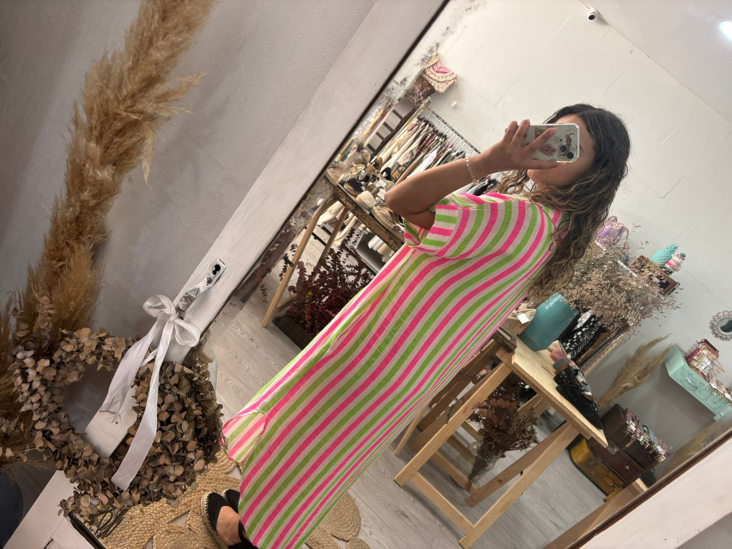 Vestido/Kaftan riscas verde/rosa