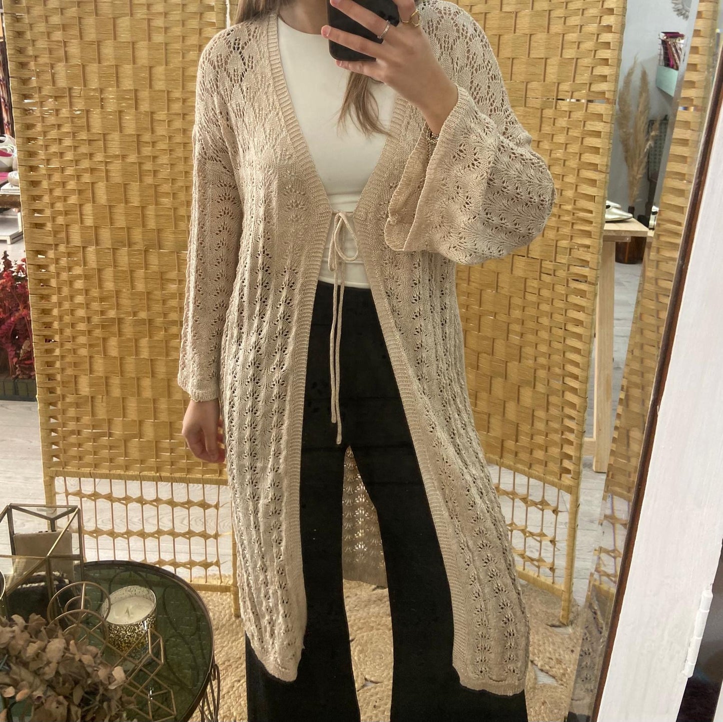 Beige lurex midi crochet kimono with TS.Bengala tie