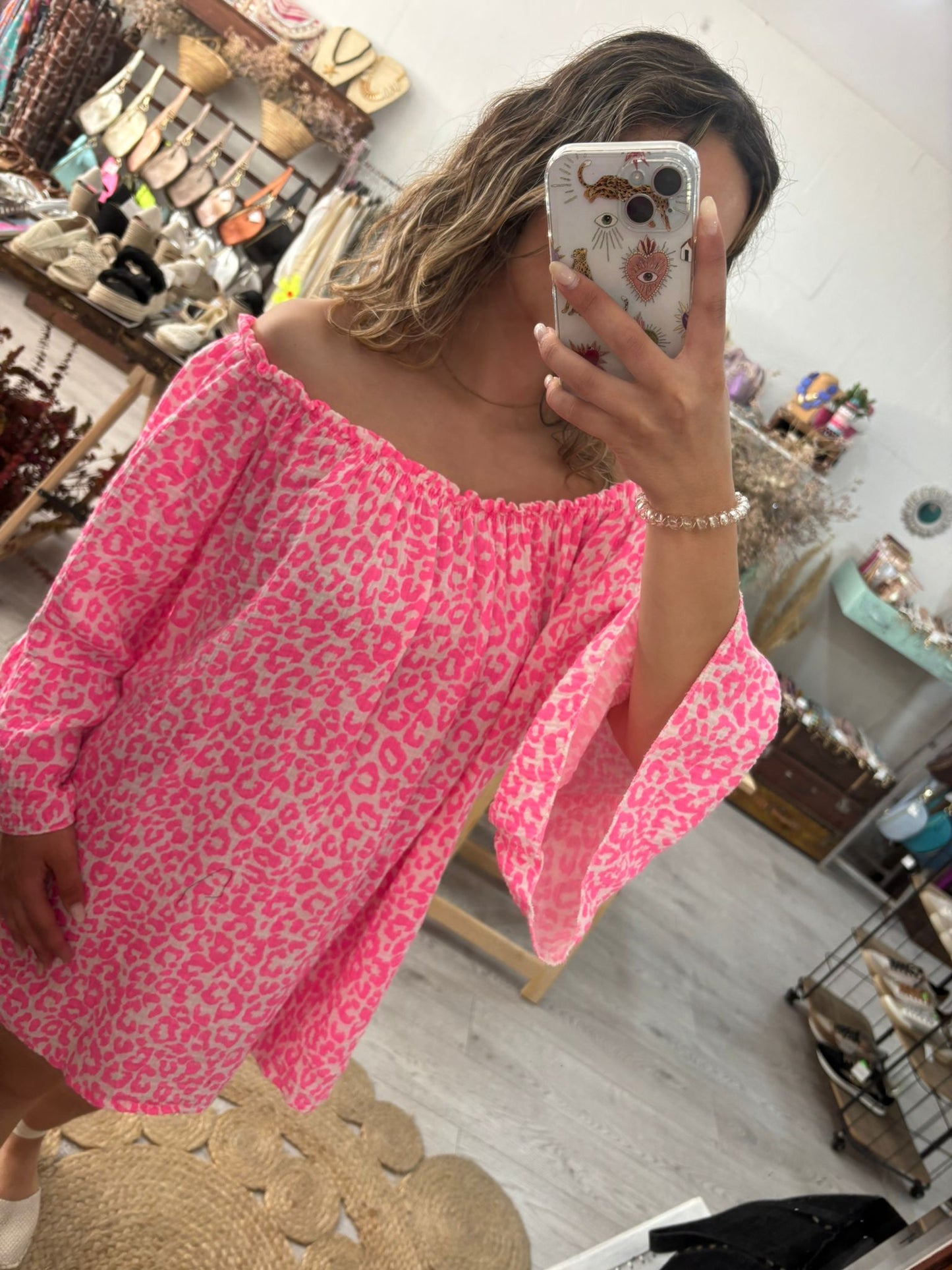 Vestido animal print caqui/laranja ombros elásticos
