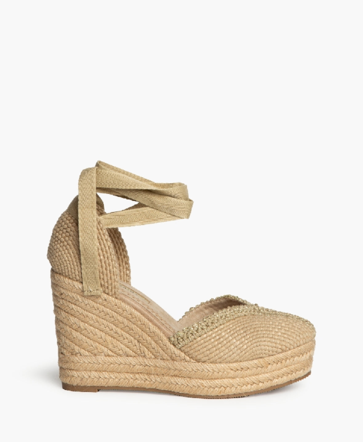 Sandálias de Cunha compensada Camel e dourado lurex