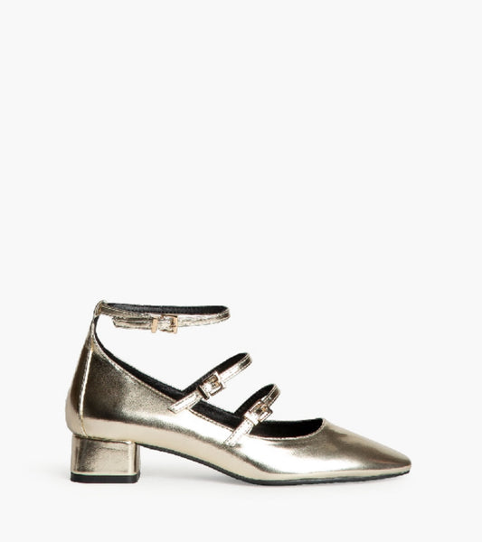 Metallic Mary Janes with heels and buckles