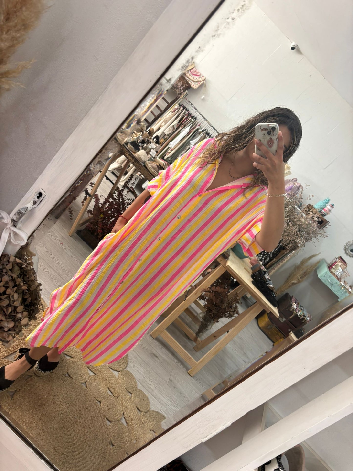 Vestido/Kaftan riscas verde/rosa