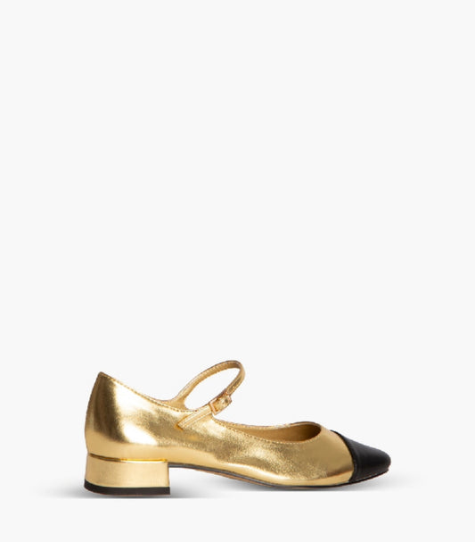 Gold heel Mary Jane with black buckle