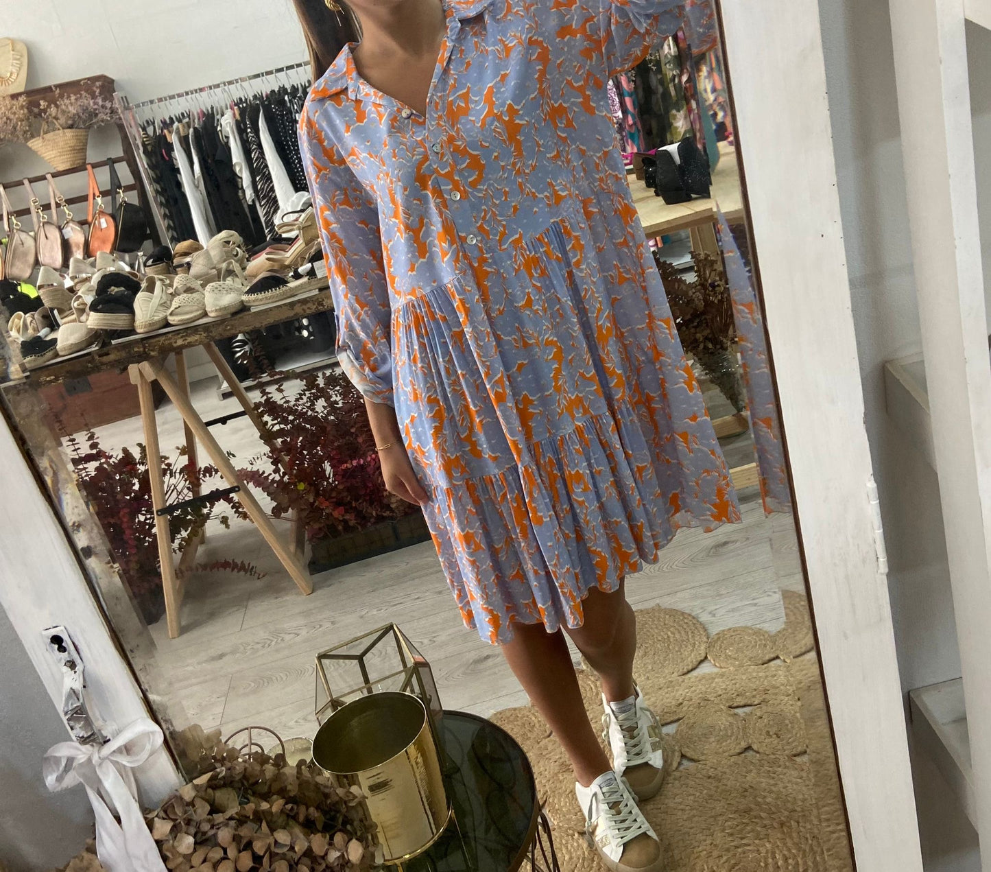 Vestido estampado flores azul/laranja