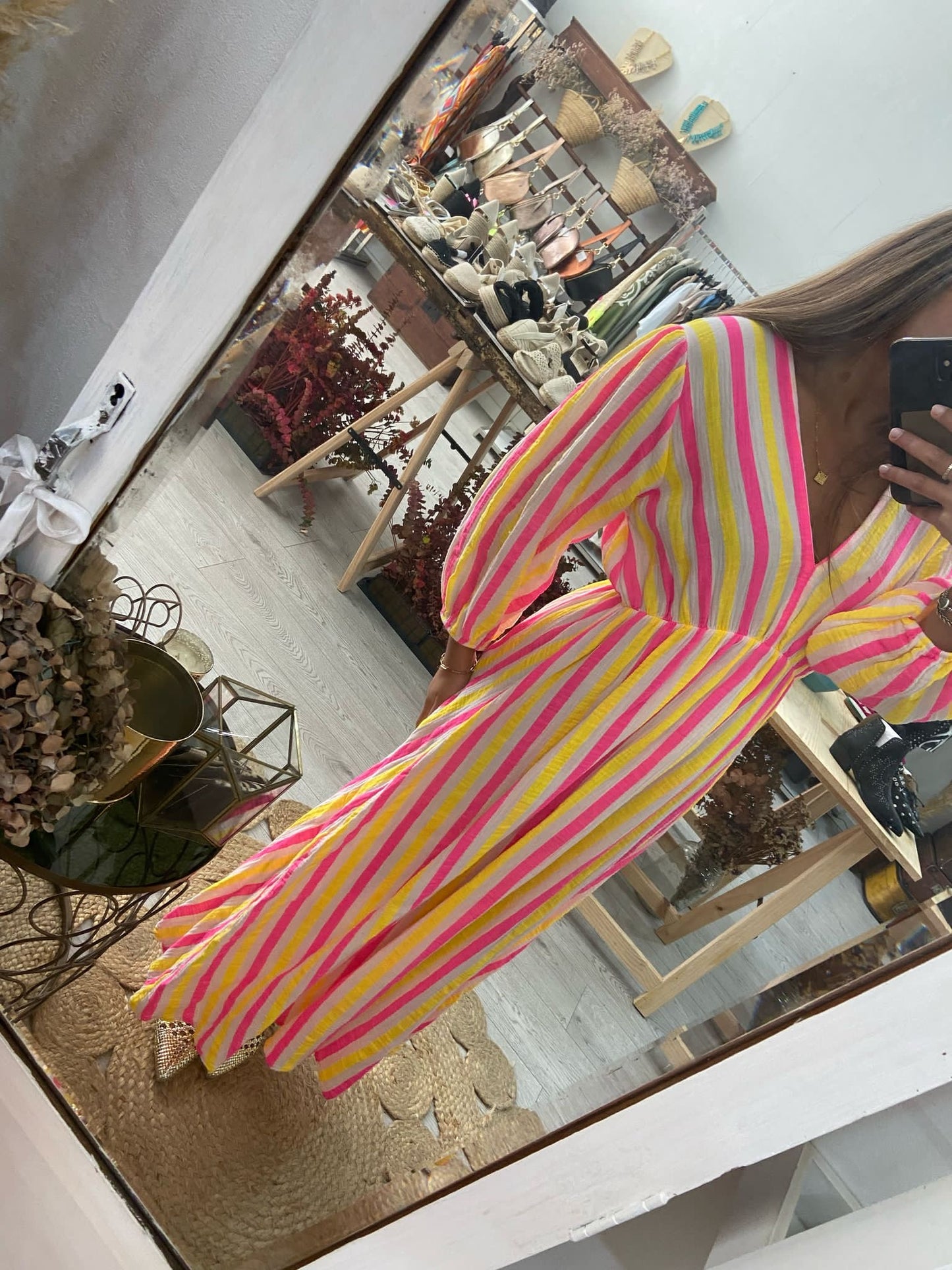 Vestido algodão riscas verde/rosa