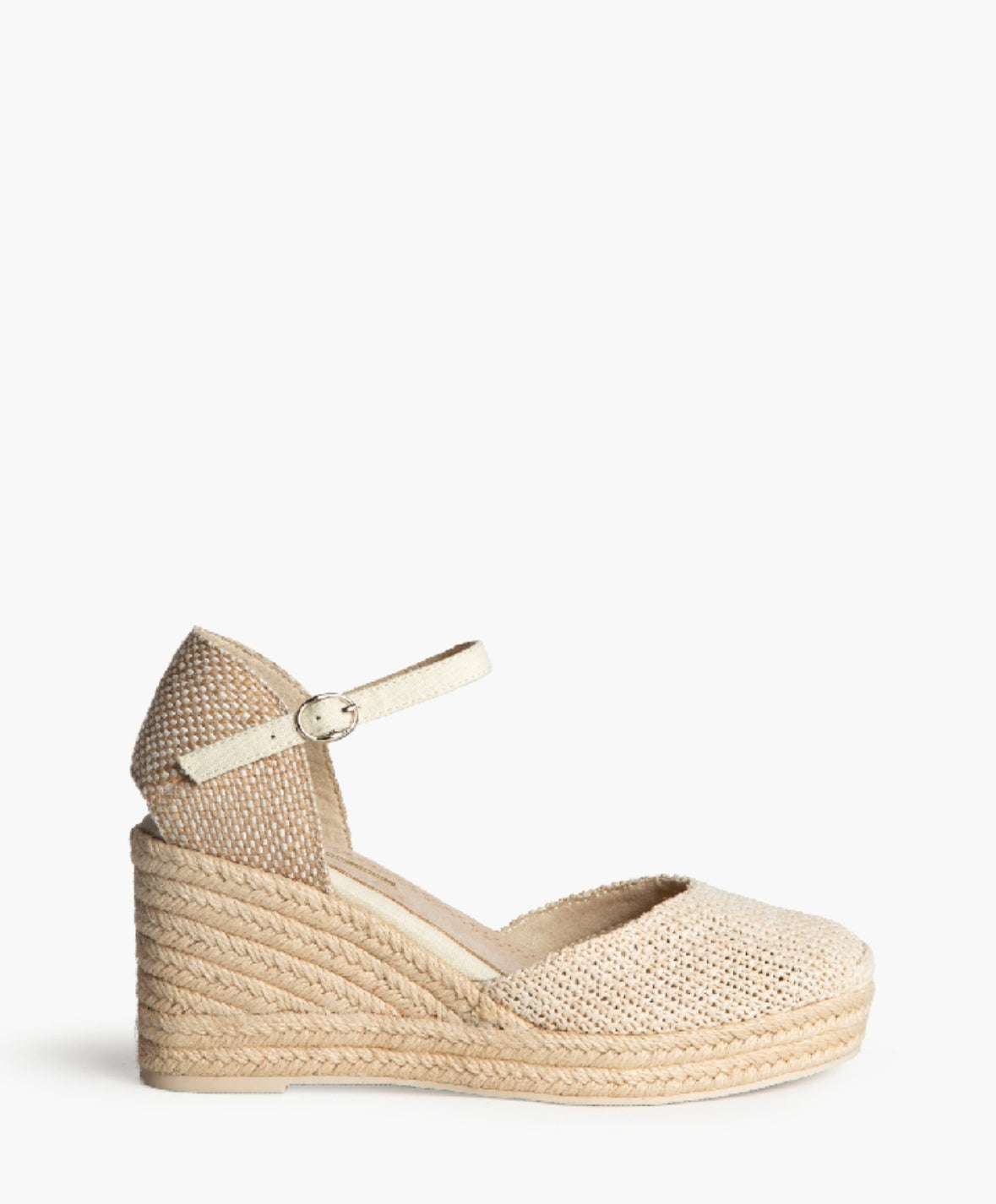 Sandálias de cunha tricô bege com fivela