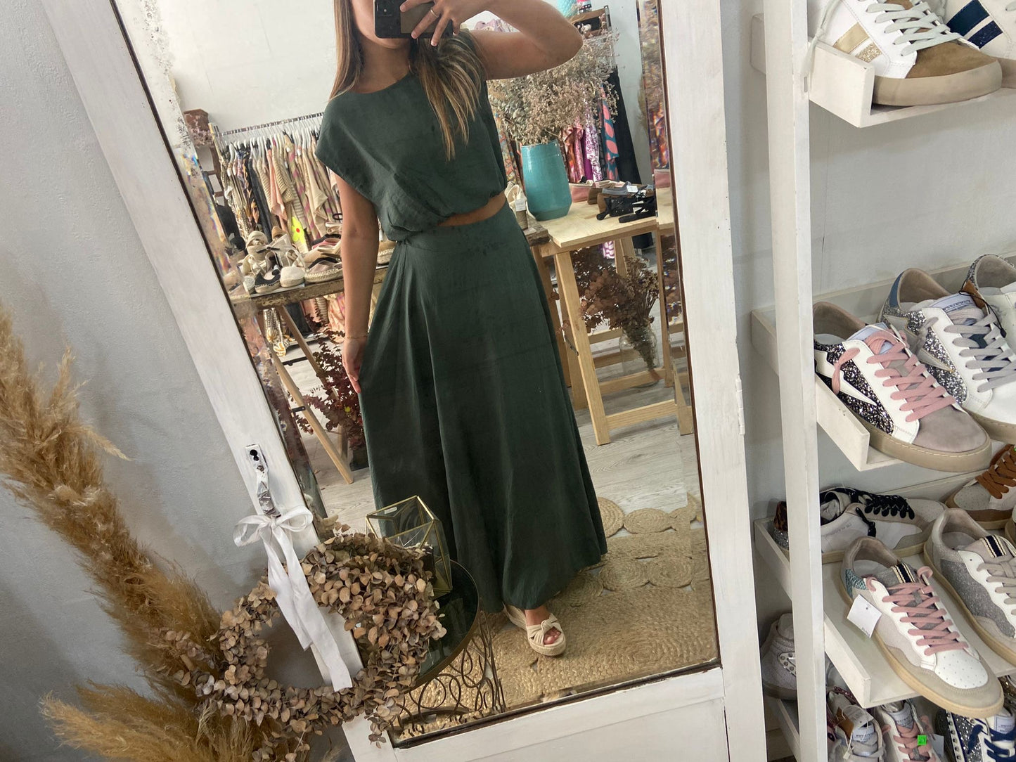 Conjunto túnica e saia caqui