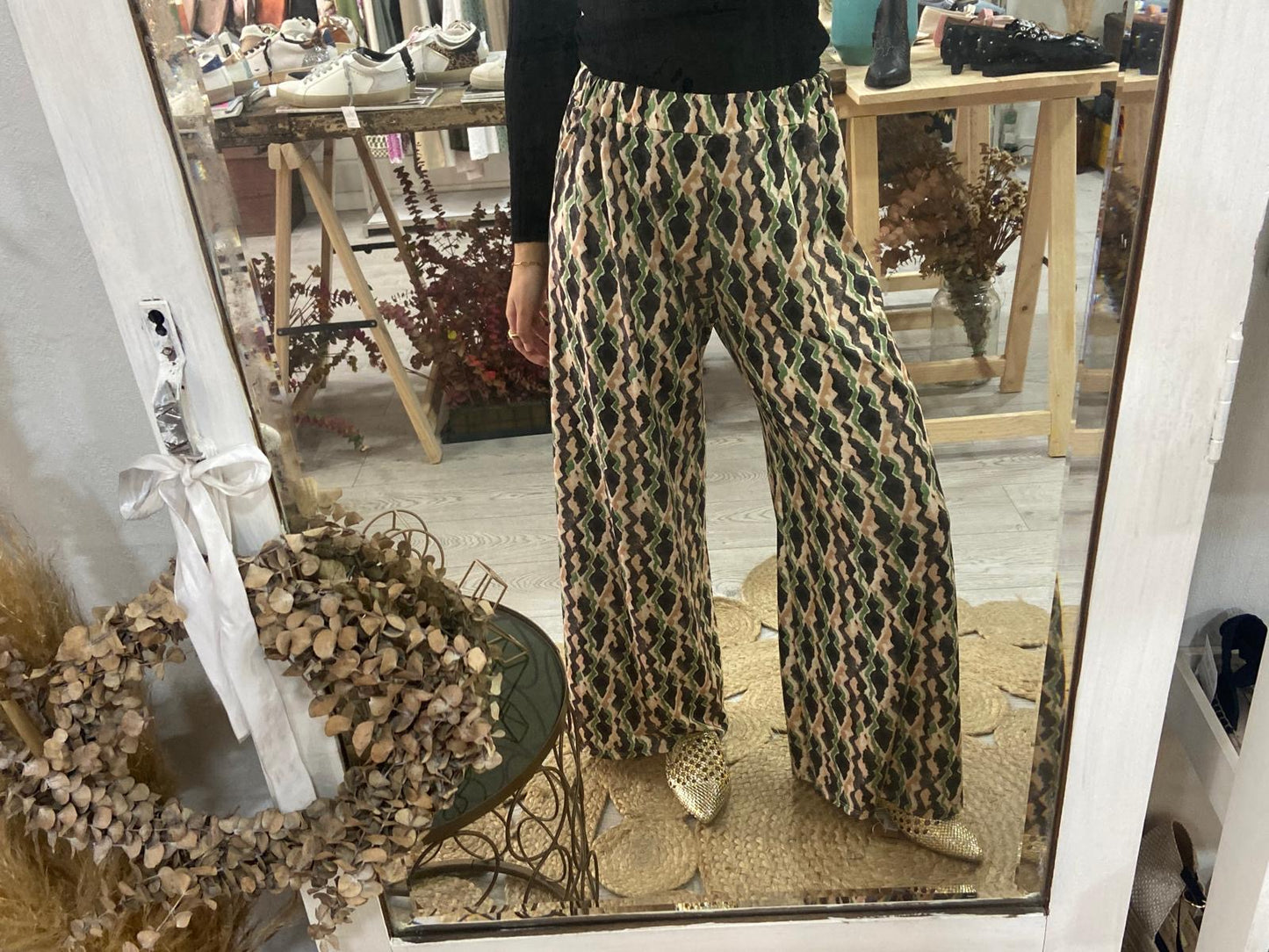 Pantalonas estampado verde/camel/preto