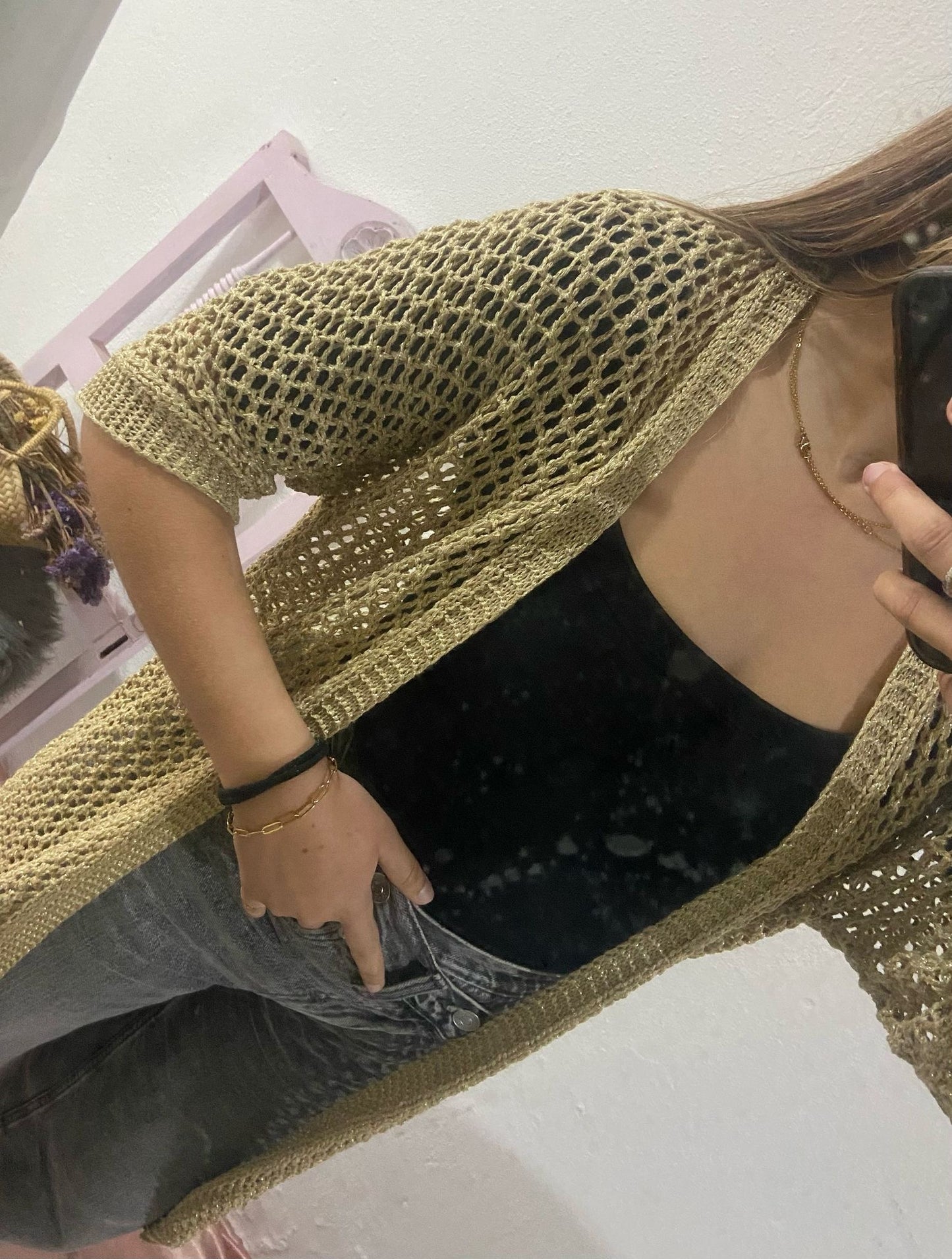 Kimono dourado lurex em crochê malha aberta