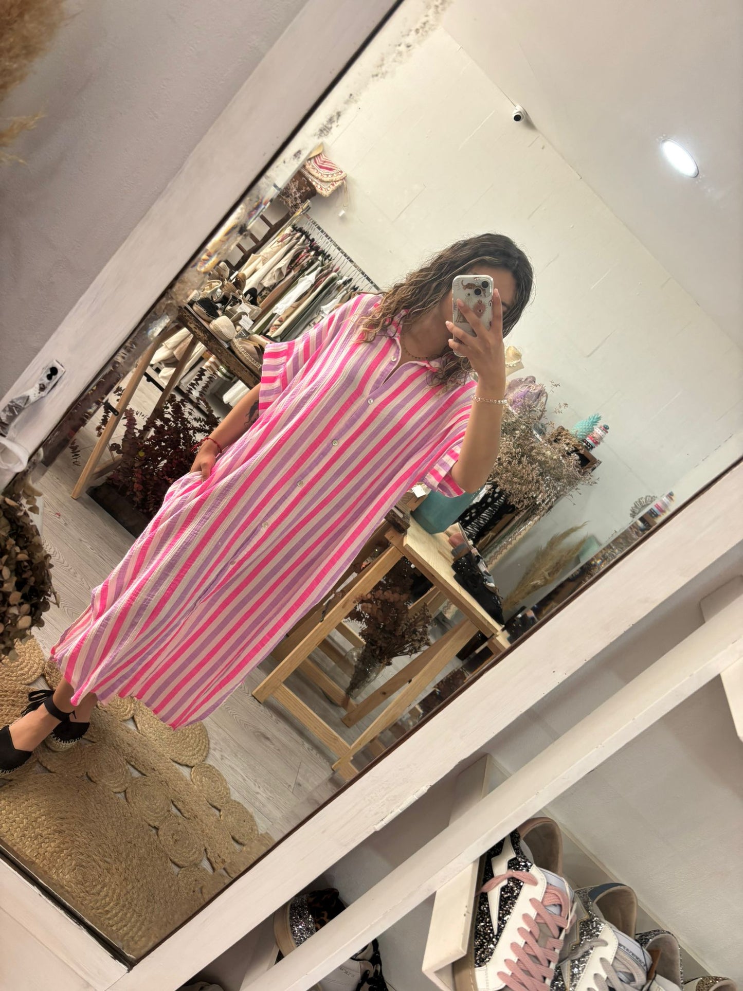 Vestido/Kaftan riscas verde/rosa
