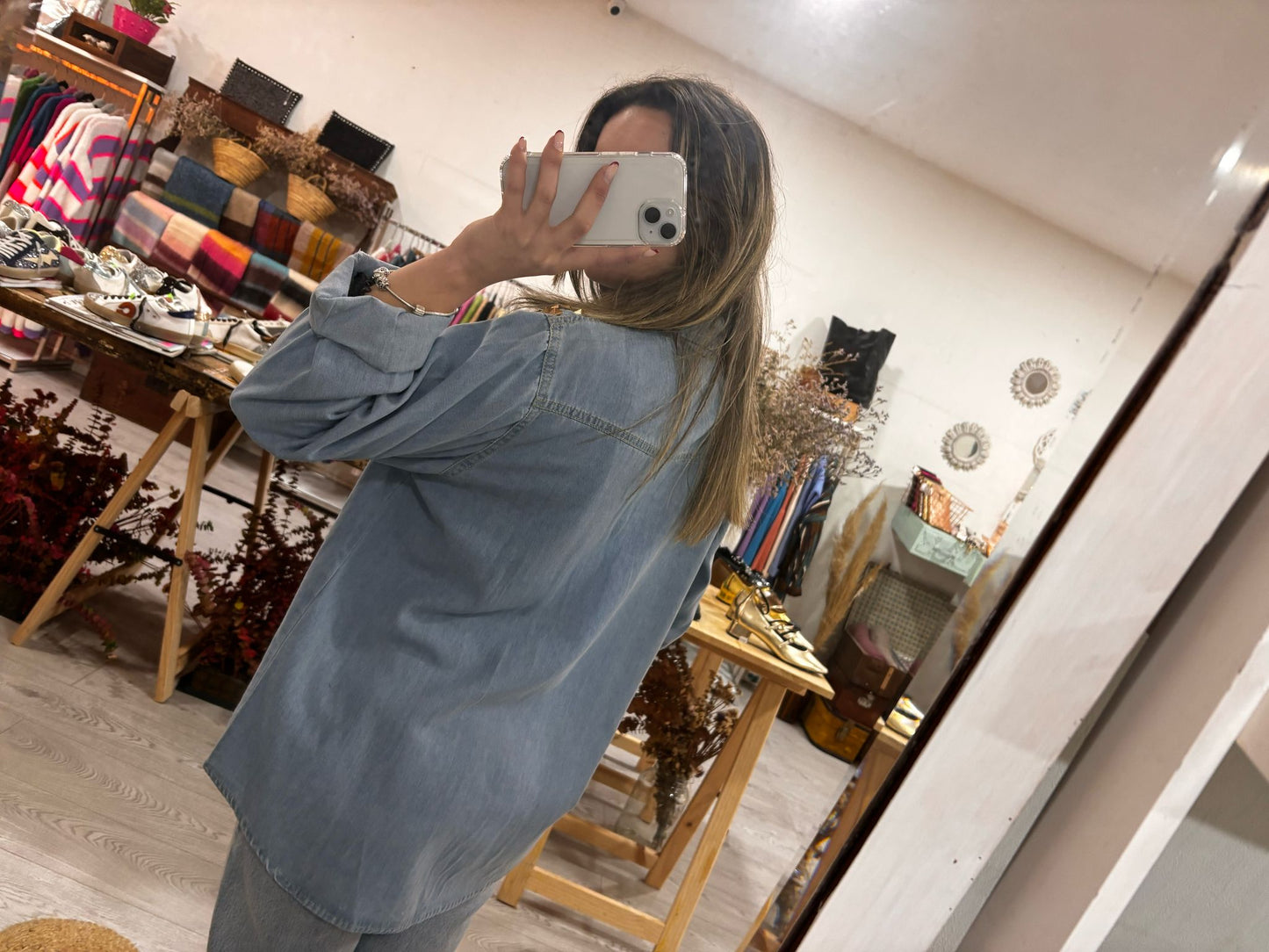 Denim shirt with shoulder appliqués