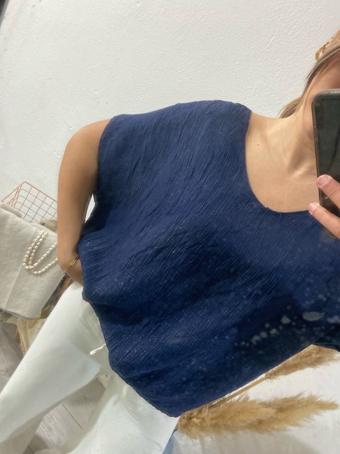 Túnica azul tecido enrugado lurex