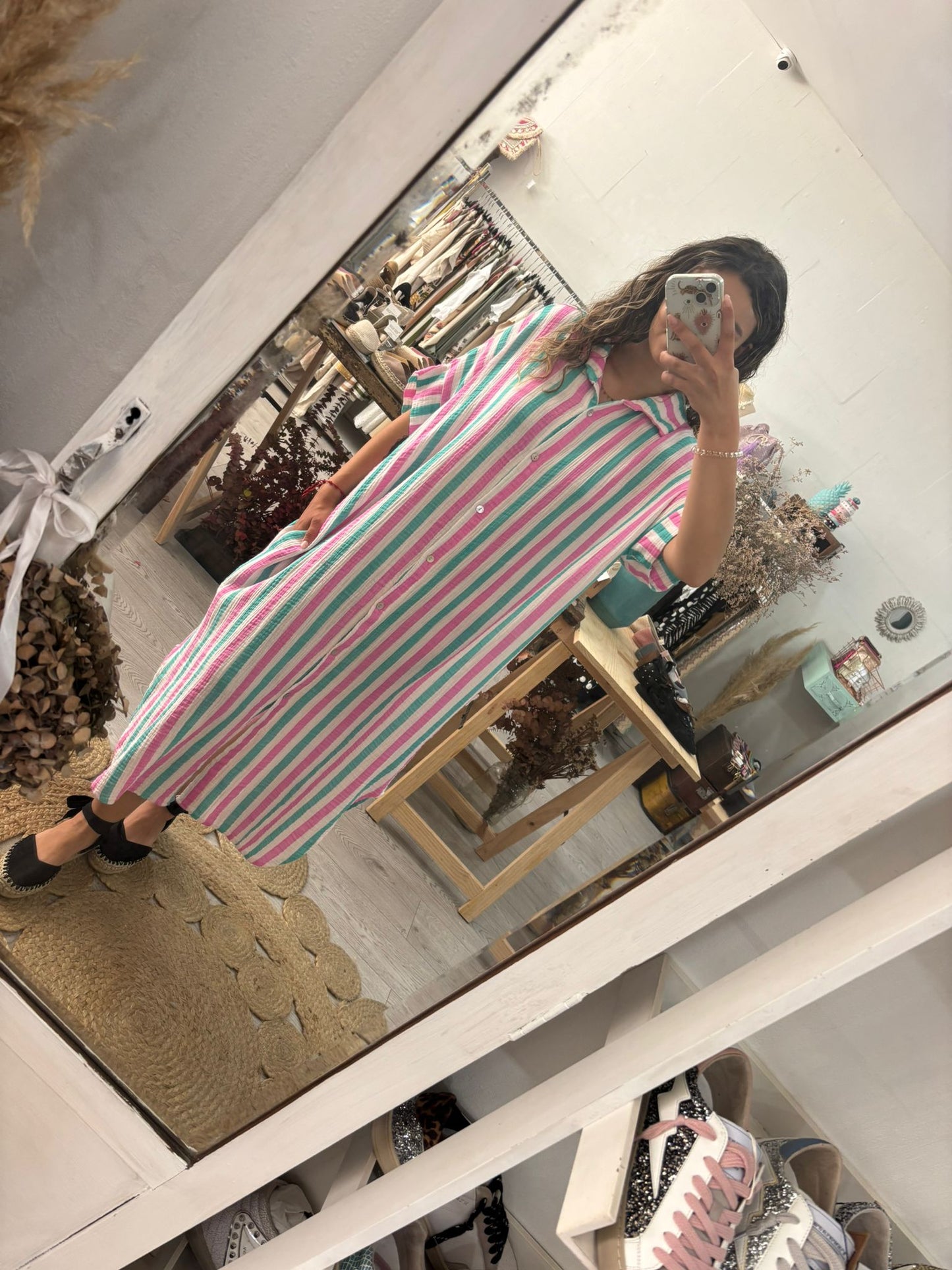 Vestido/Kaftan riscas verde/rosa