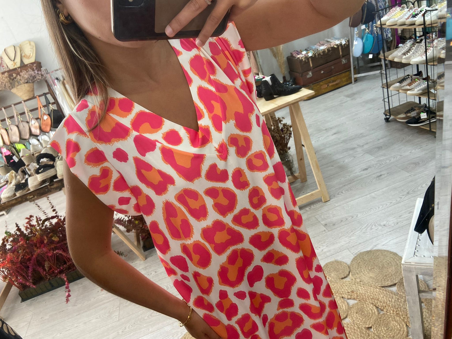 Vestido animal print laranja/rosa