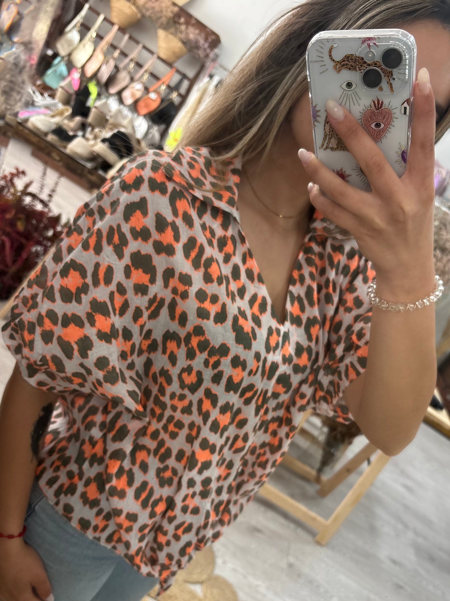 Túnica animal print laranja/caqui com nó