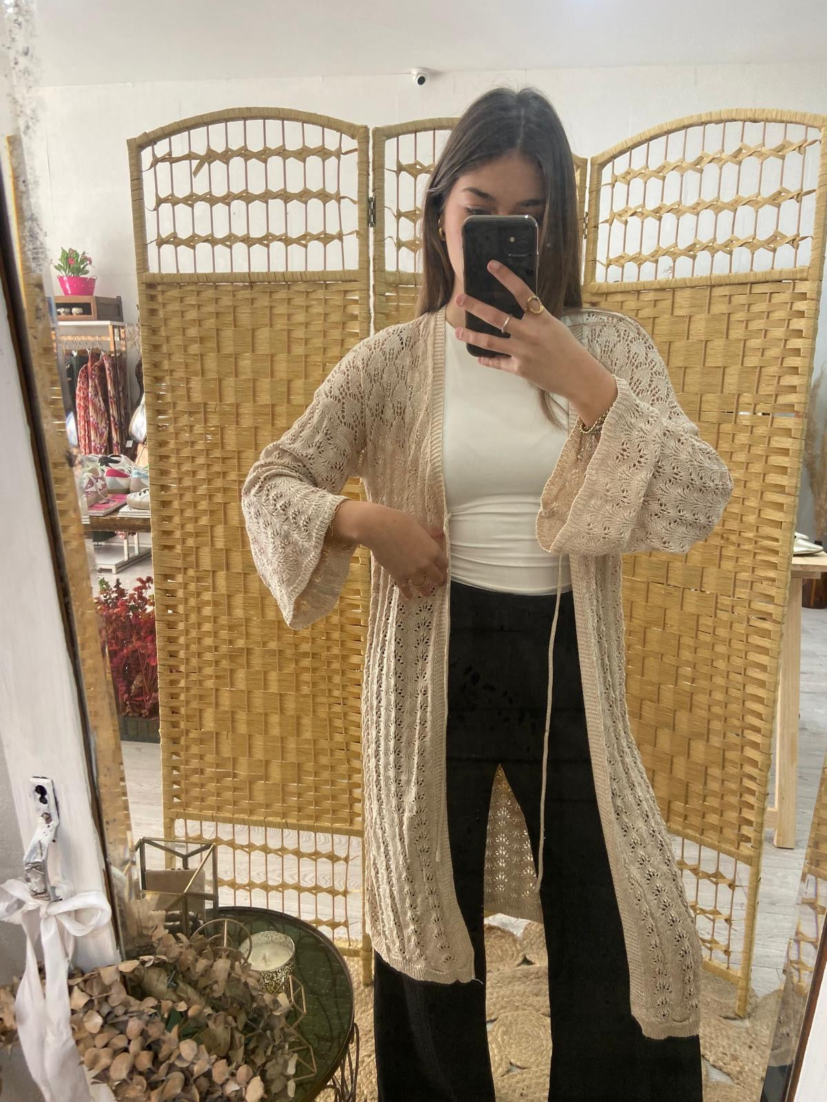 Beige lurex midi crochet kimono with TS.Bengala tie
