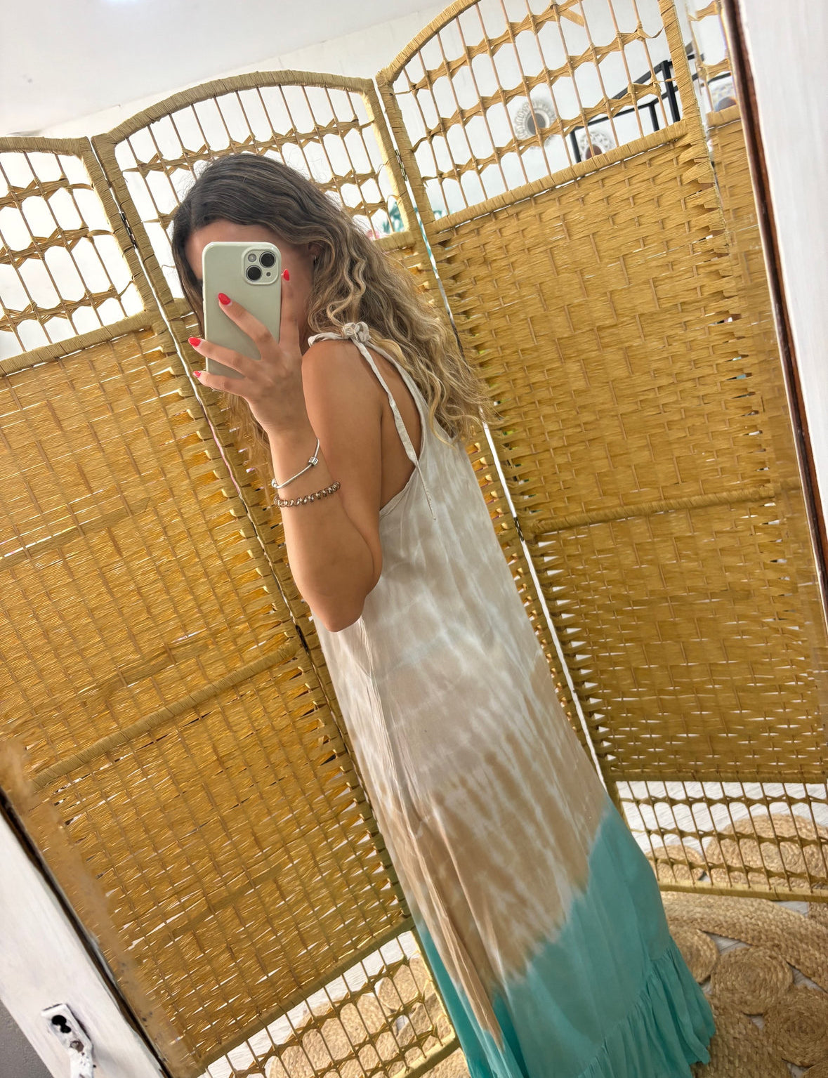 Vestido tie dye bege/camel/ turquesa alça ajustável