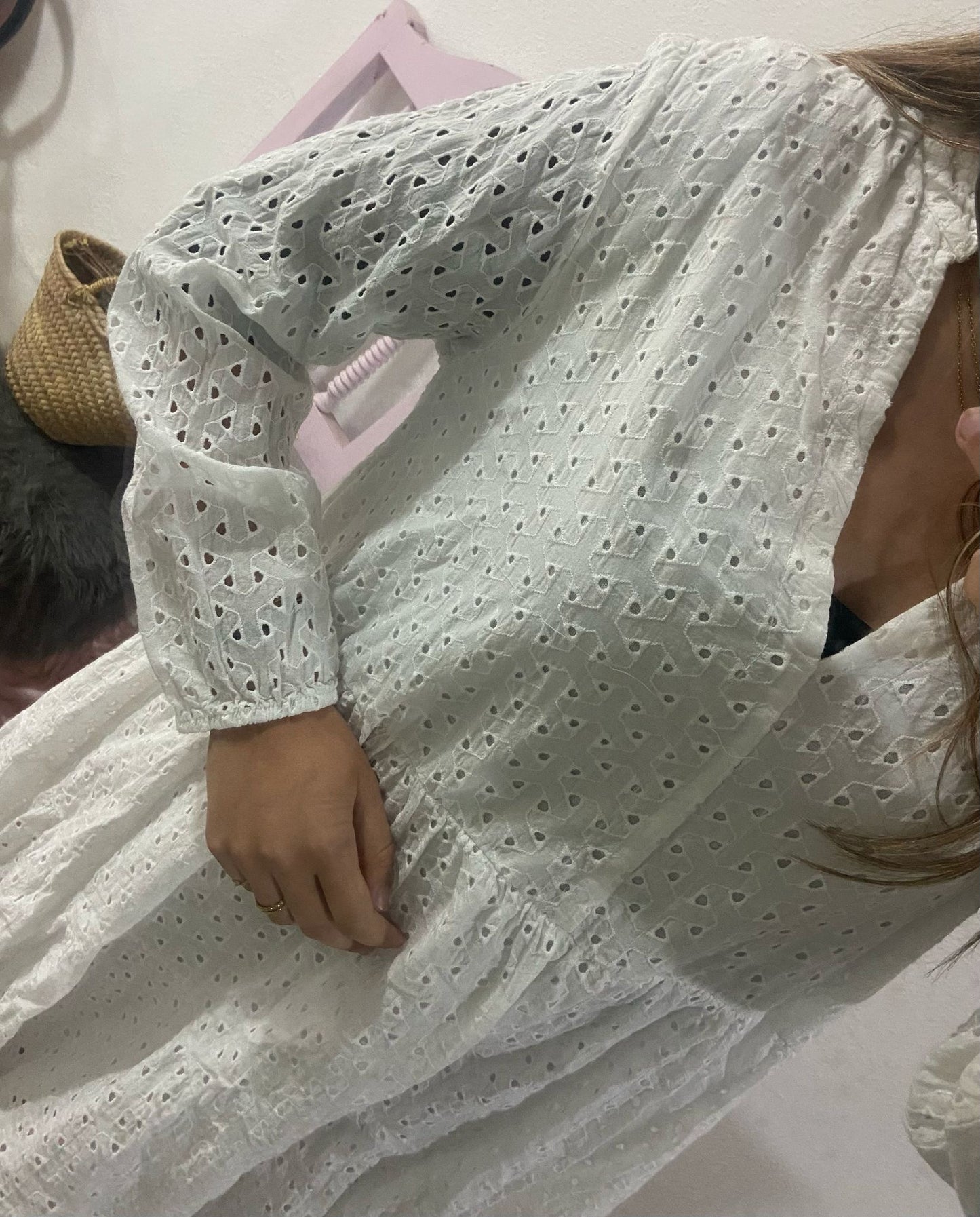 Vestido bordado inglês caqui