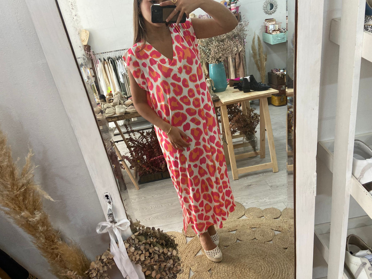 Vestido animal print laranja/rosa
