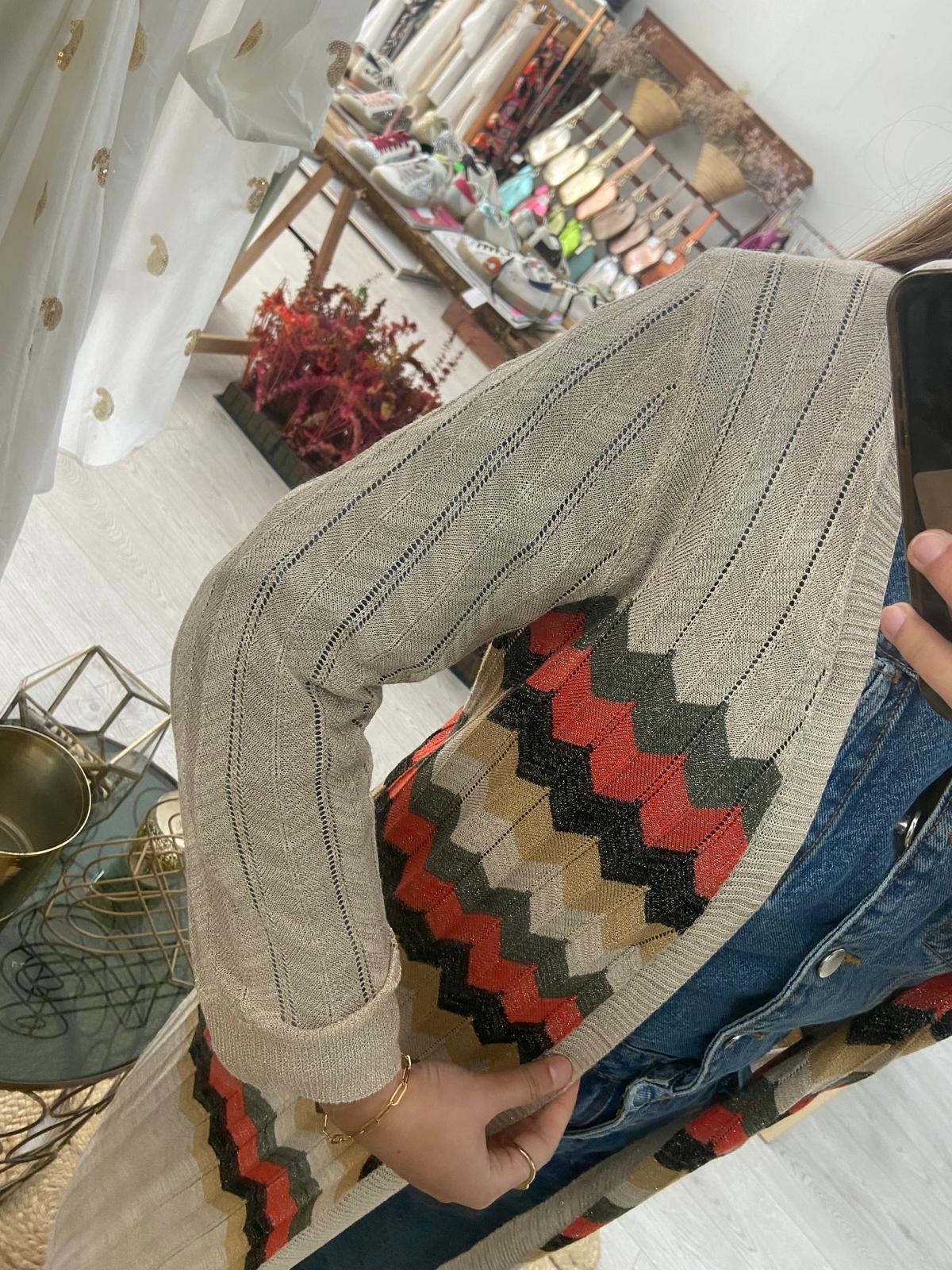 Kimono midi bege ziz zag tricolor lurex