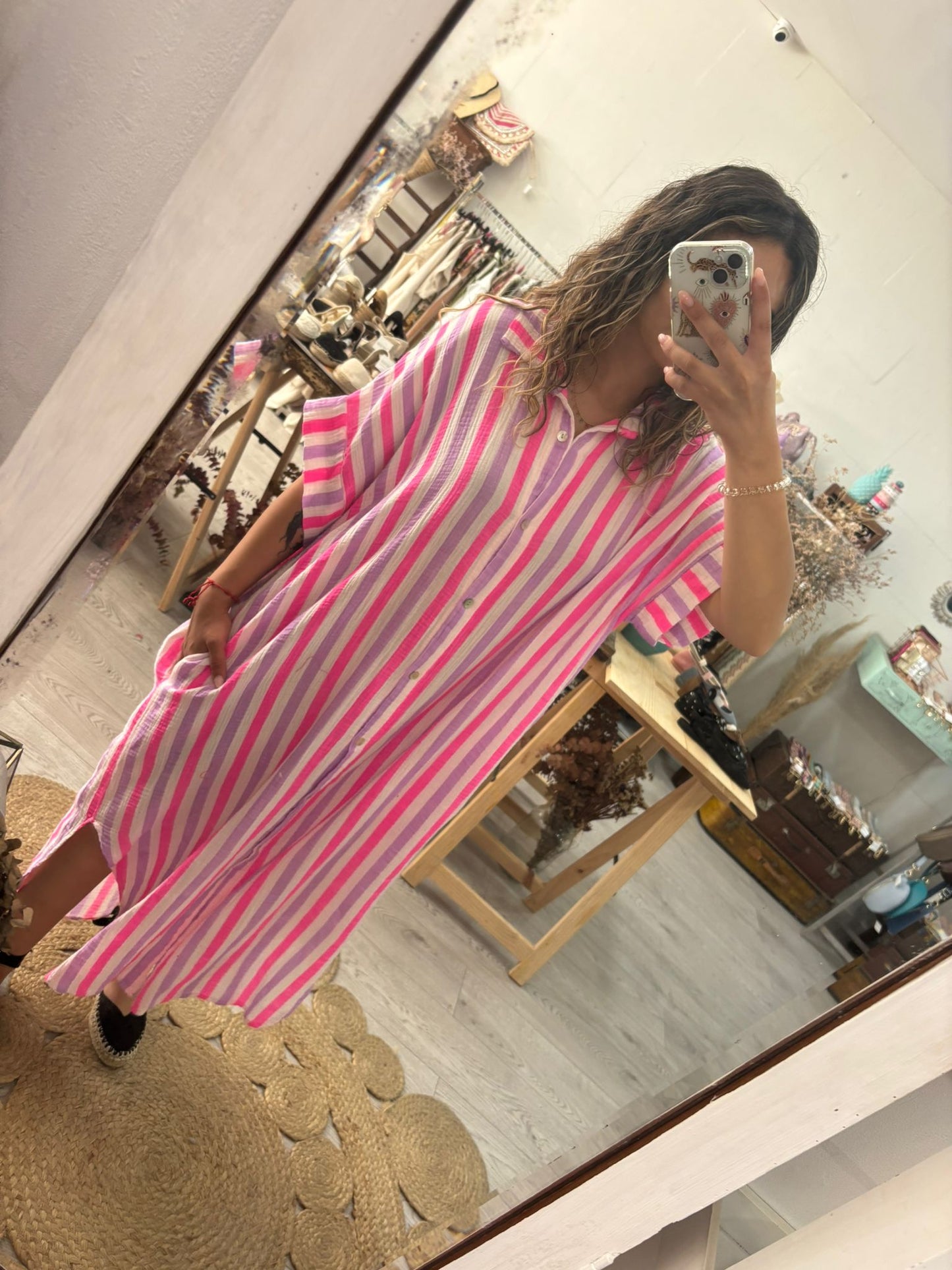 Vestido/Kaftan riscas verde/rosa