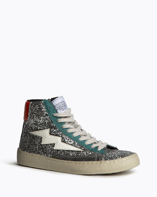 Botas Sapatilha glitter prata raio branco pormenores esmeralda