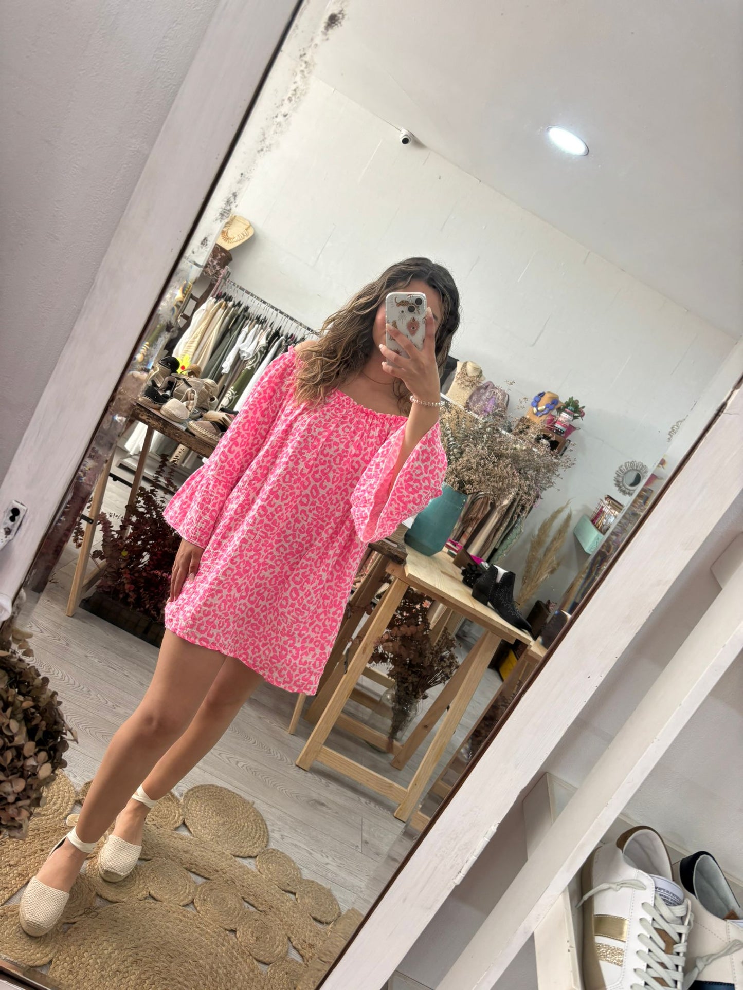 Vestido animal print caqui/laranja ombros elásticos