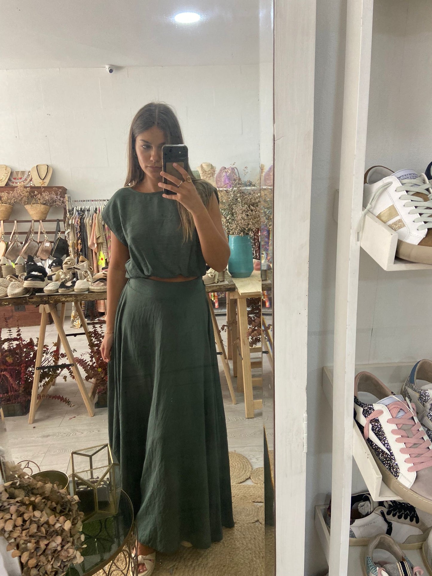 Conjunto túnica e saia caqui