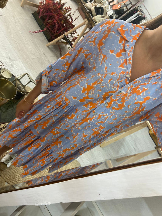 Vestido estampado flores azul/laranja