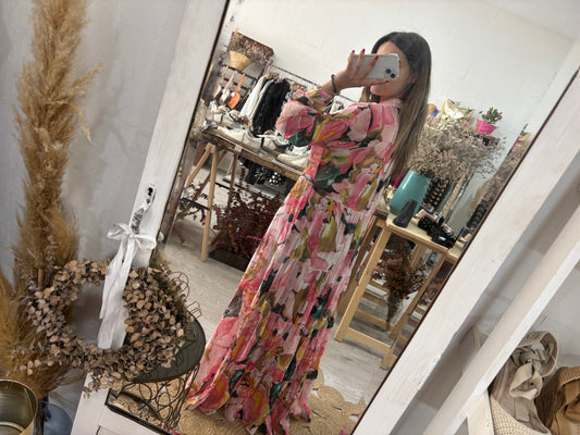 Vestido camiseiro estampado tons de rosa