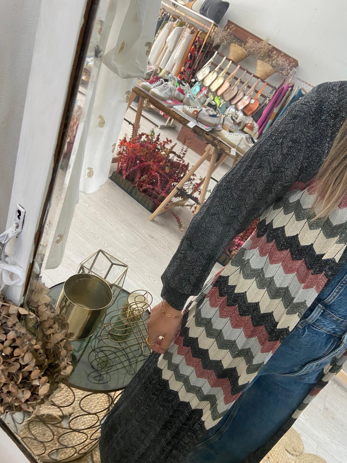 Kimono midi preto ziz zag tricolor lurex