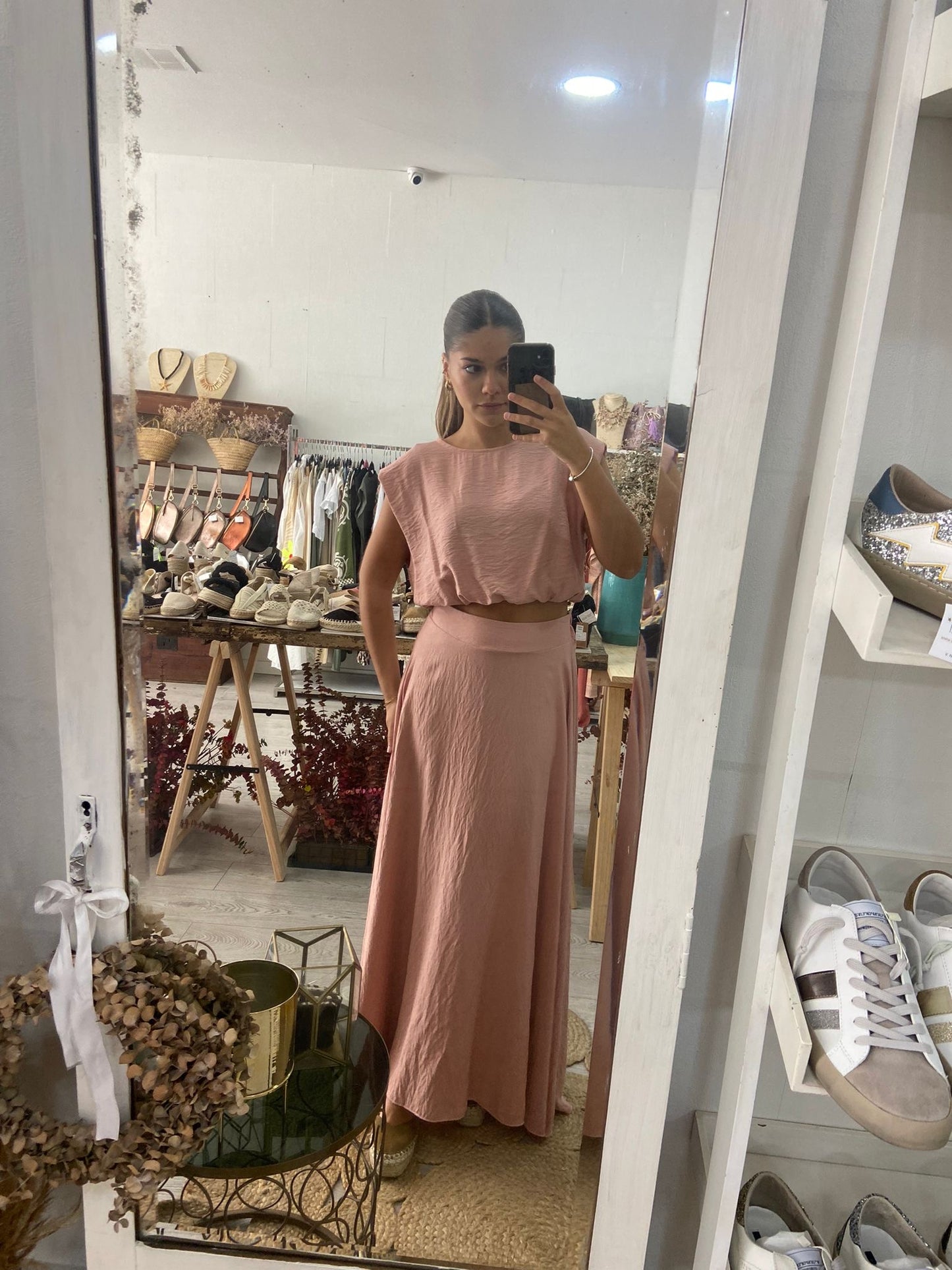 Conjunto túnica e saia caqui