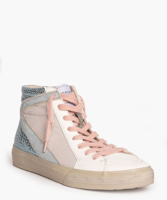 Sapatilhas bota efeito cobra em azul e atacadores rosa