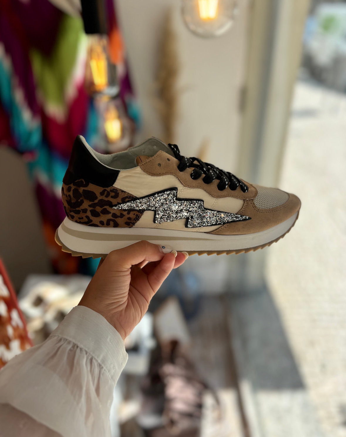 Camel leopard glitter silver lightning bolt sneakers