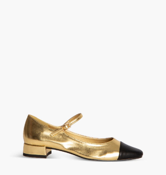 Gold heel Mary Jane with black buckle
