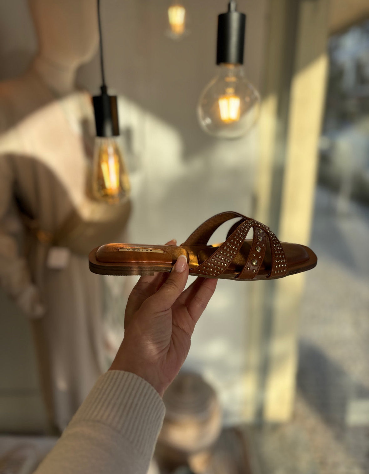 Camel flat sandal with gold studs