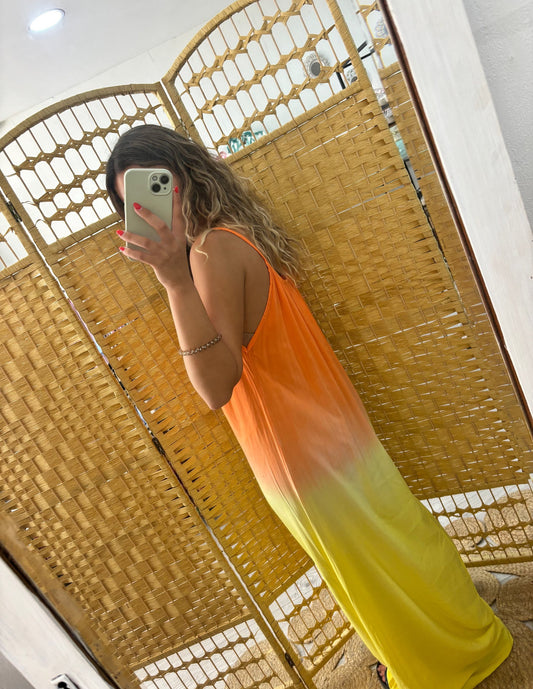 Vestido tie dye laranja e amarelo