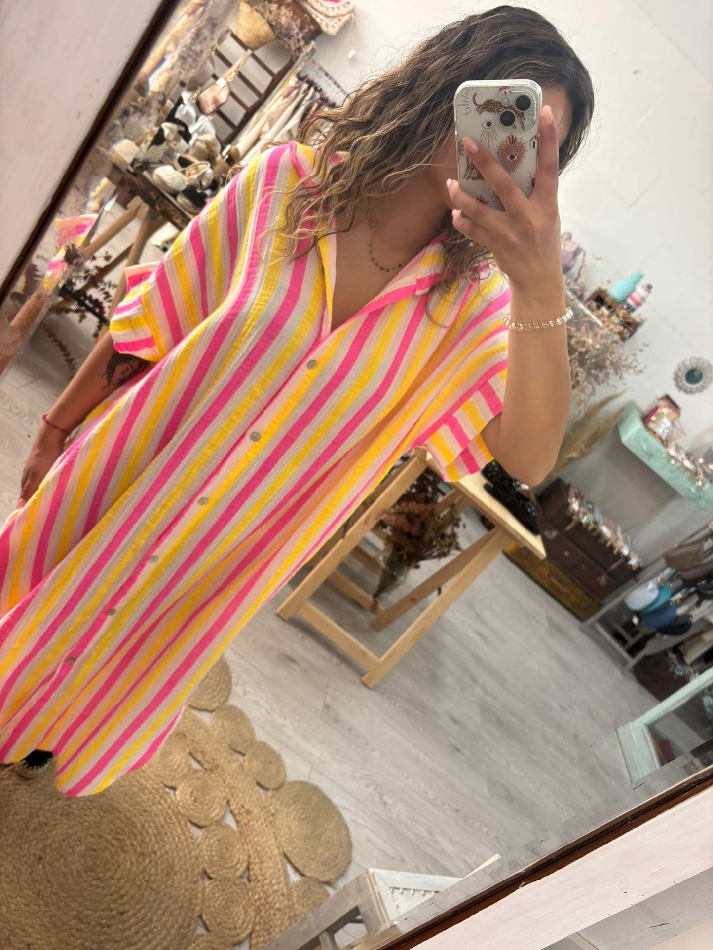 Vestido/Kaftan riscas verde/rosa