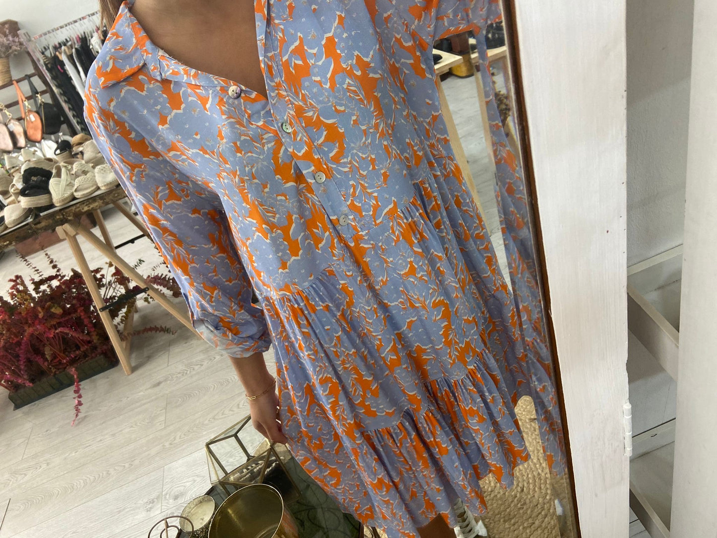 Vestido estampado flores azul/laranja