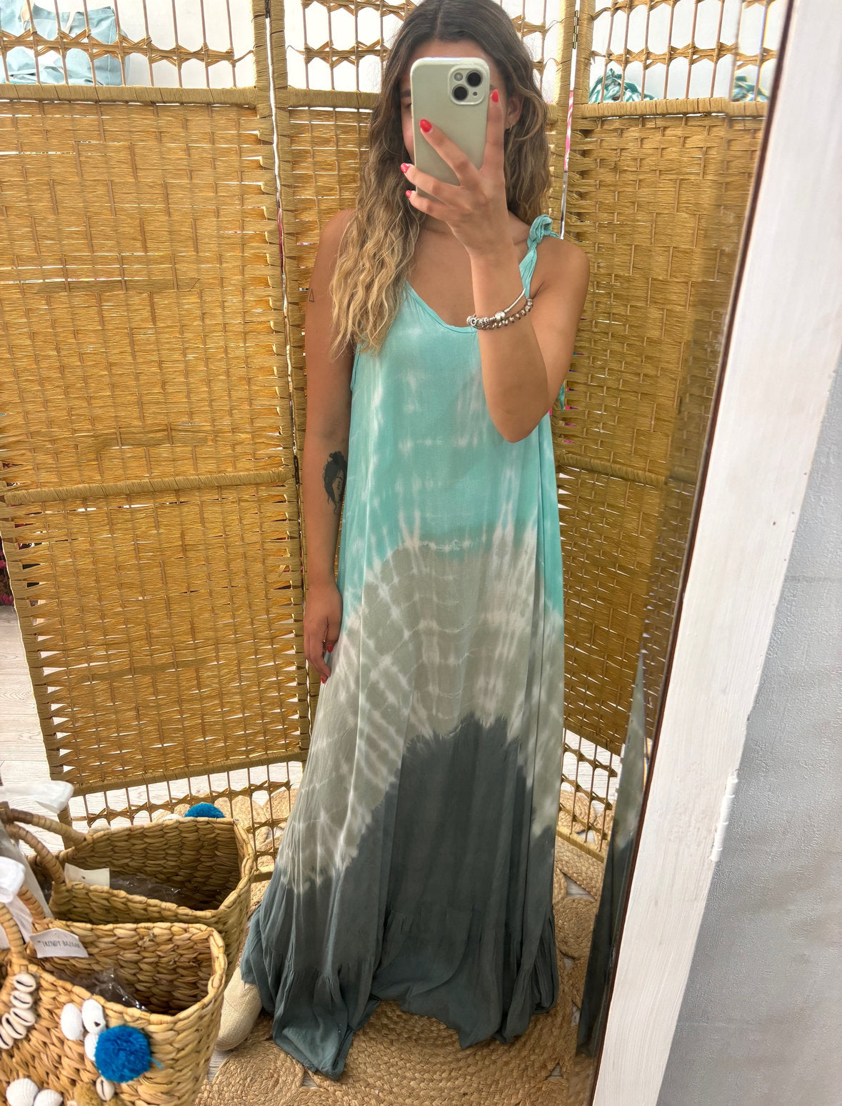 Vestido tie dye bege/camel/ turquesa alça ajustável