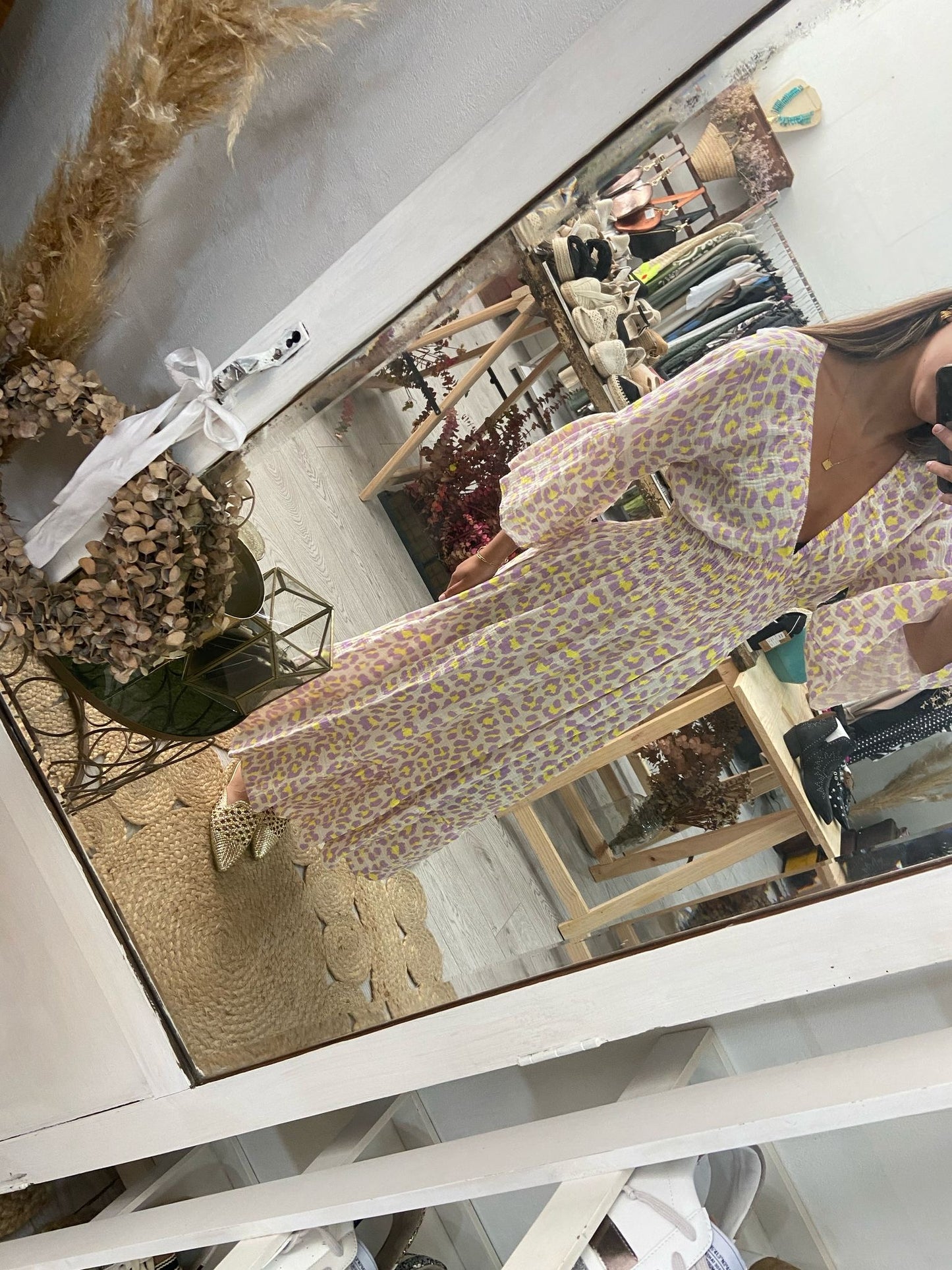 Vestido algodão rosa animal print lilás/amarelo