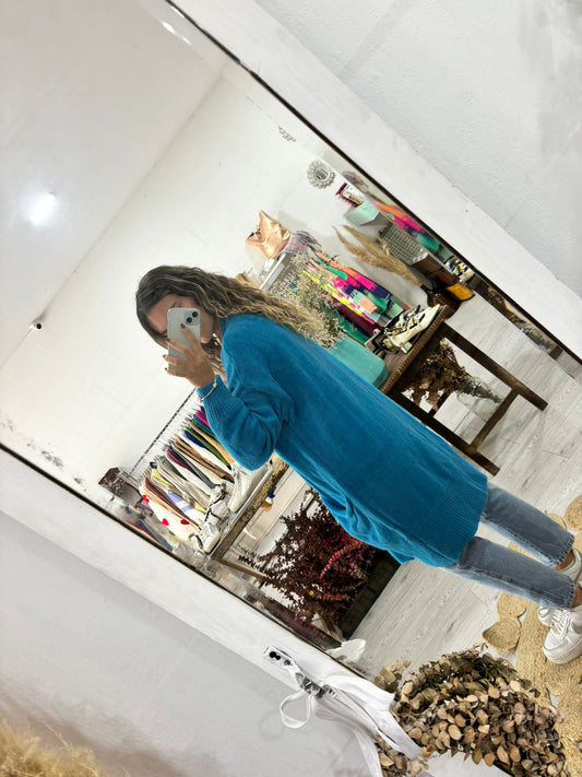 Casaco midi de malha azul