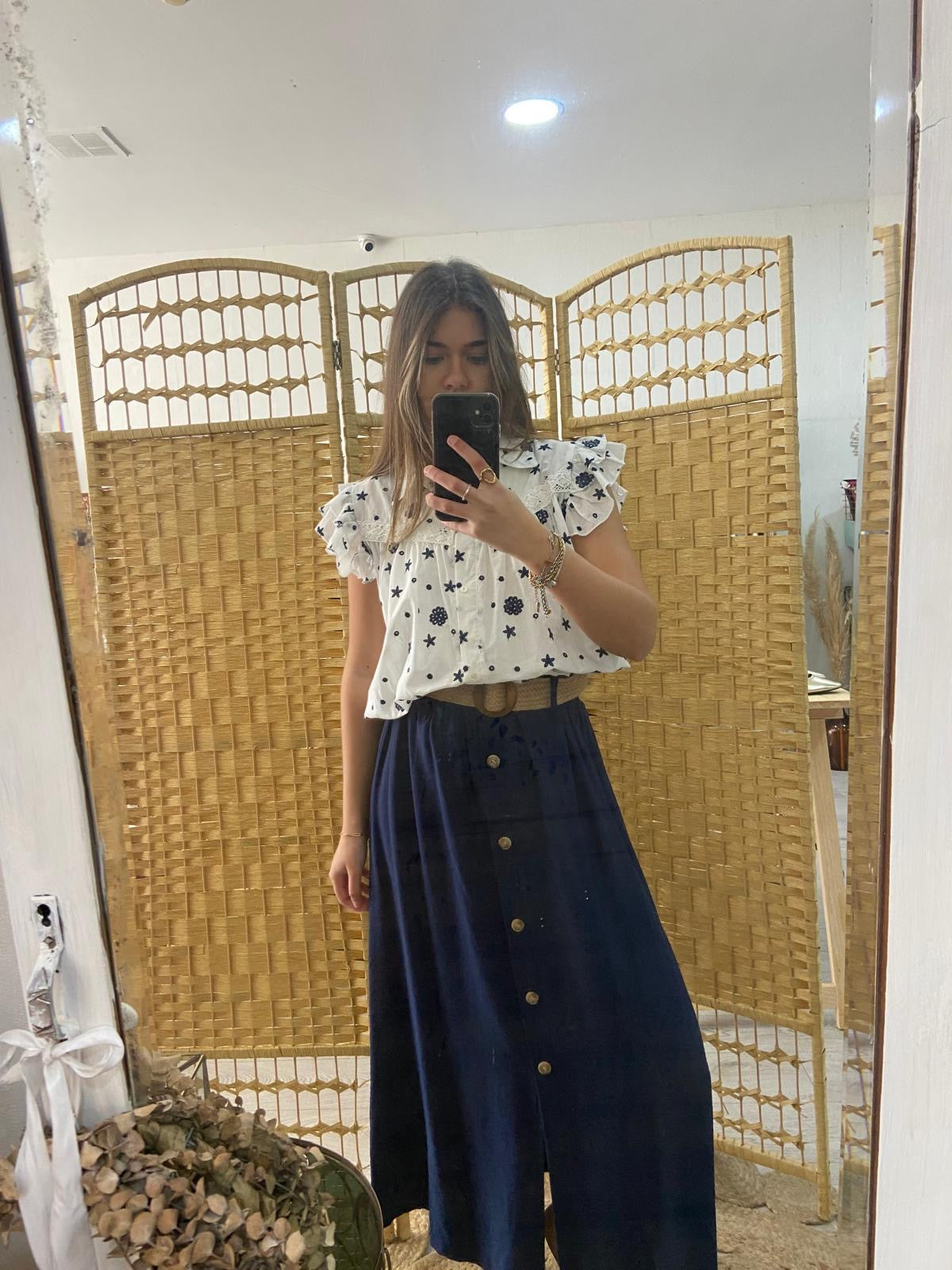 Camisa de manga corta bordada azul