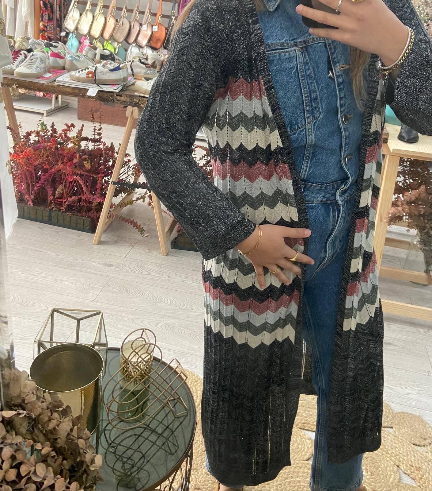 Kimono midi preto ziz zag tricolor lurex