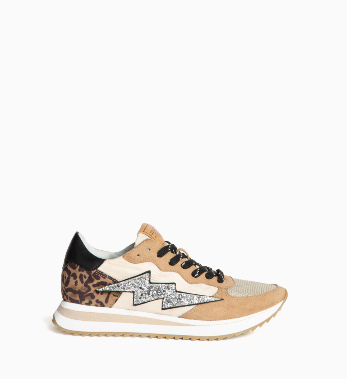 Camel leopard glitter silver lightning bolt sneakers